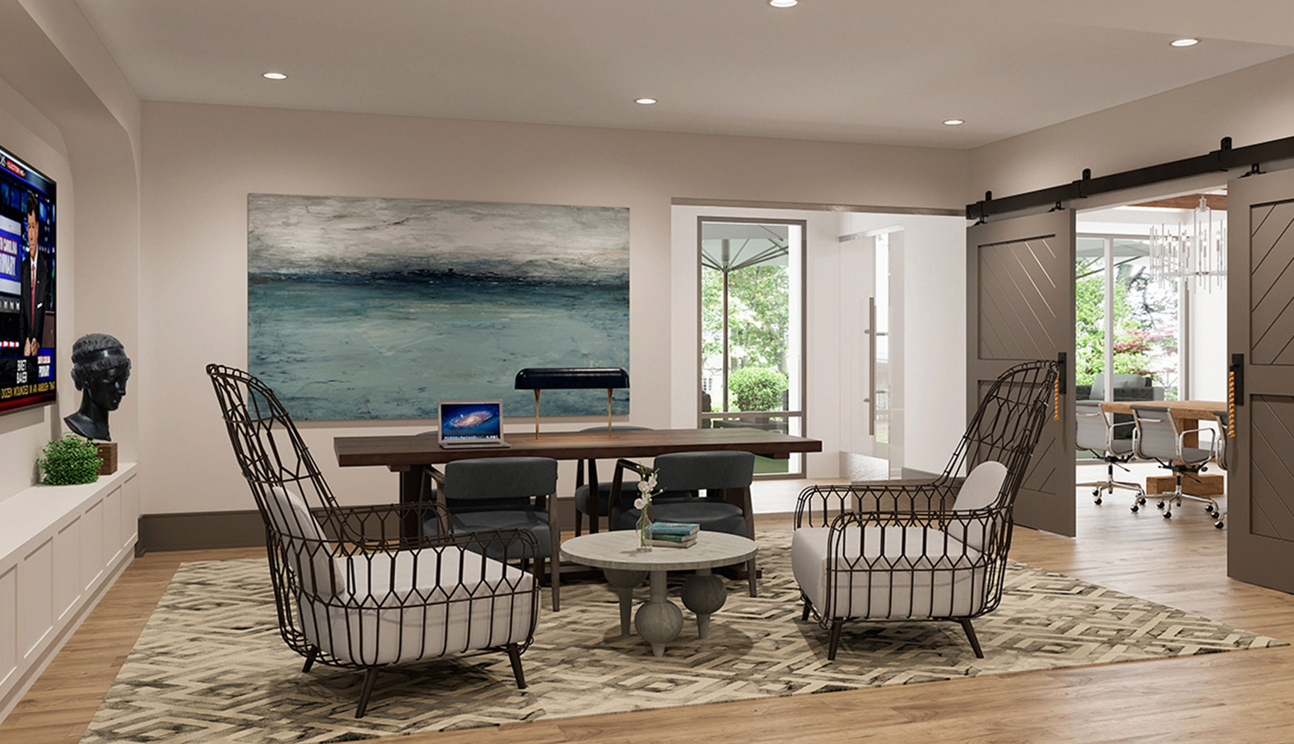 Vine North Hills Raleigh interior rendering of workspaces, features a desk and two accent chairs