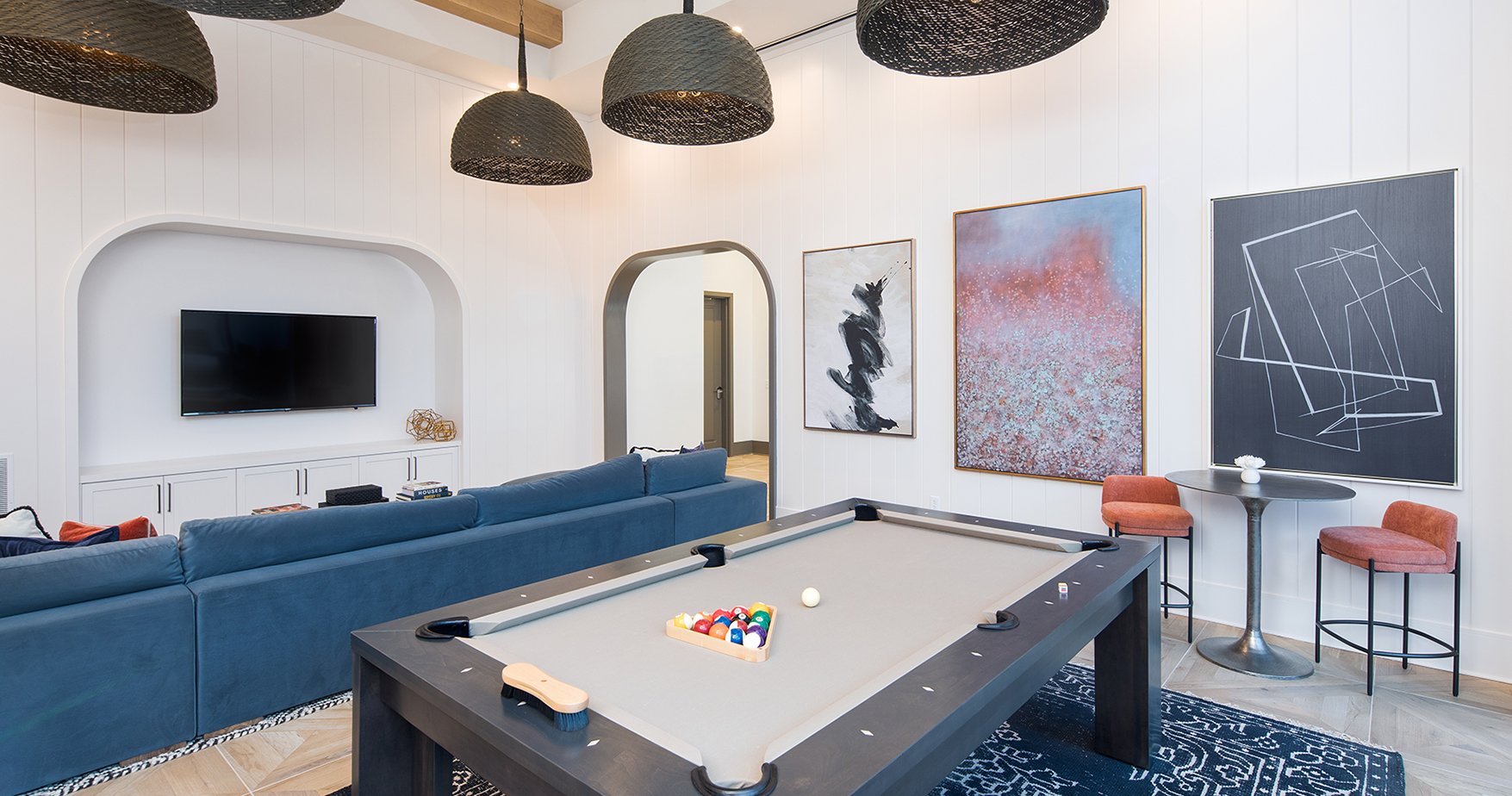 Vine North Hills game room with pool table and couch and TV