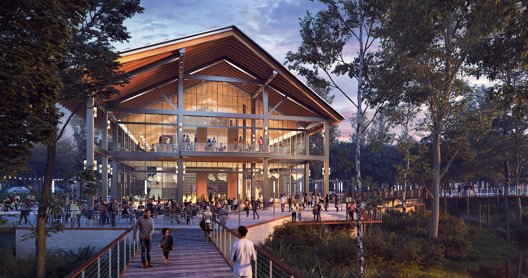 Big Branch Food Hall exterior rendering with many people utilizing the space